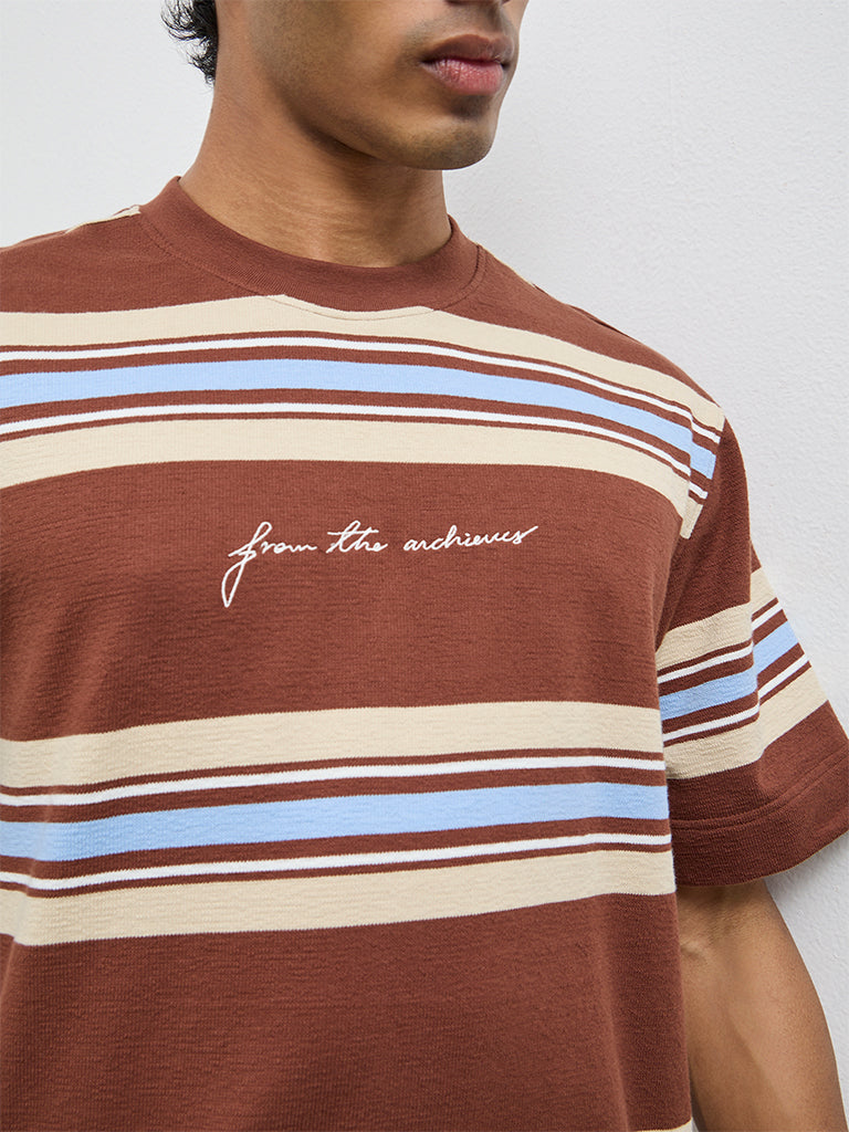 Nuon Brown Striped Relaxed-Fit Cotton T-Shirt