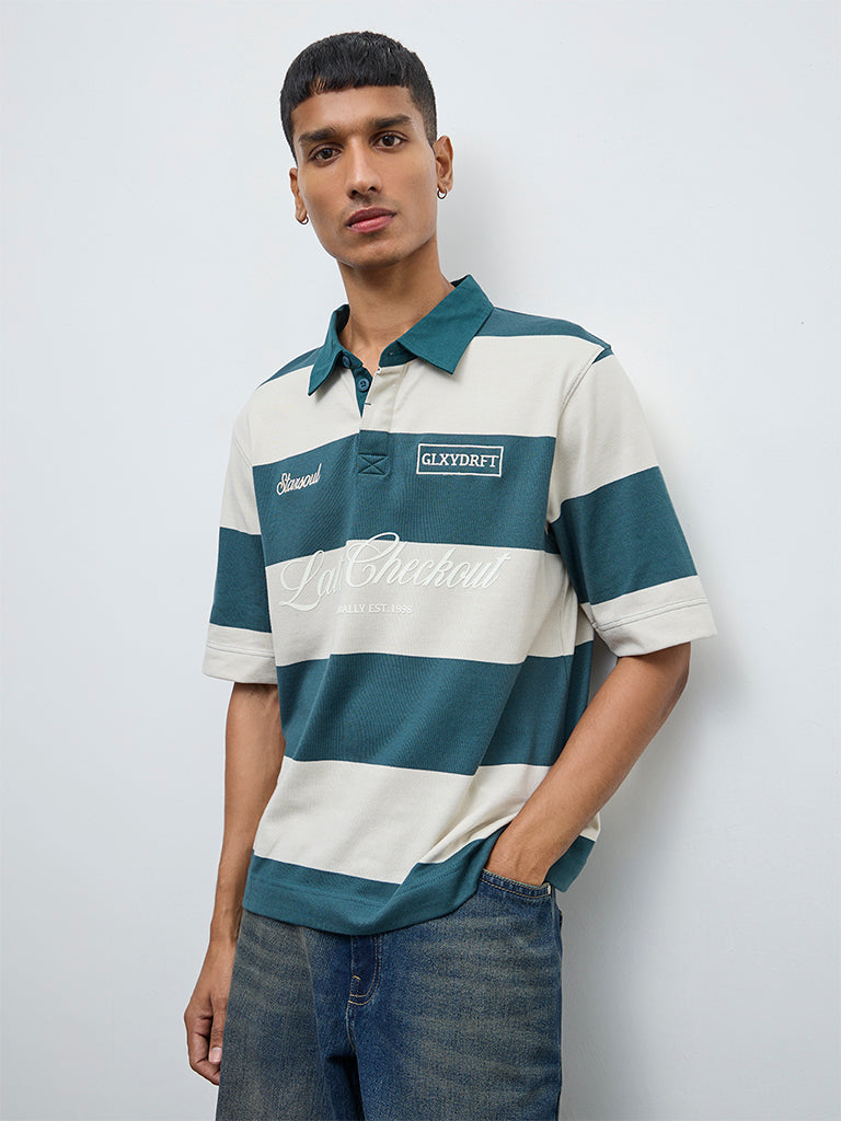 Nuon Teal Striped Relaxed Fit Cotton-Blend Polo T-Shirt