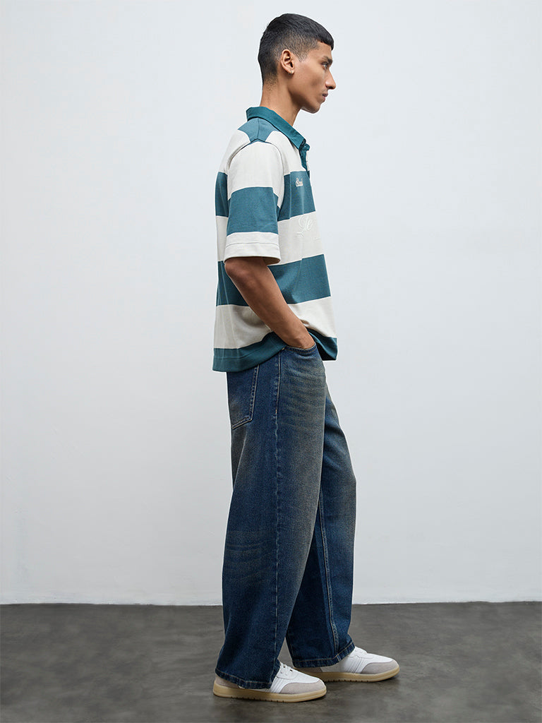 Nuon Teal Striped Relaxed Fit Cotton-Blend Polo T-Shirt
