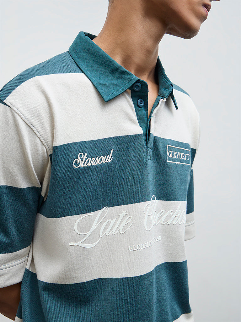 Nuon Teal Striped Relaxed Fit Cotton-Blend Polo T-Shirt
