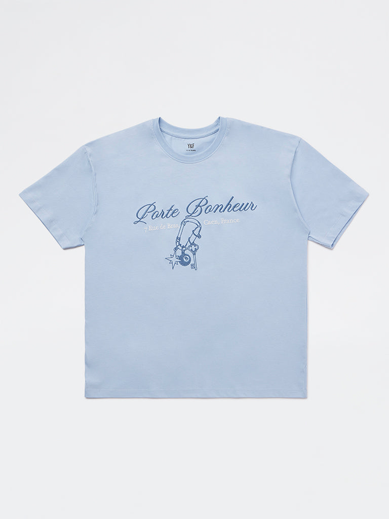 Girls Light Blue Printed Cotton T-Shirt