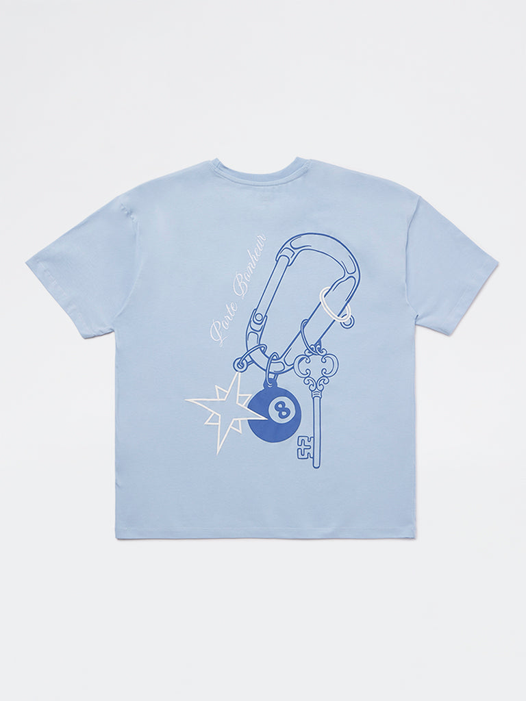 Girls Light Blue Printed Cotton T-Shirt