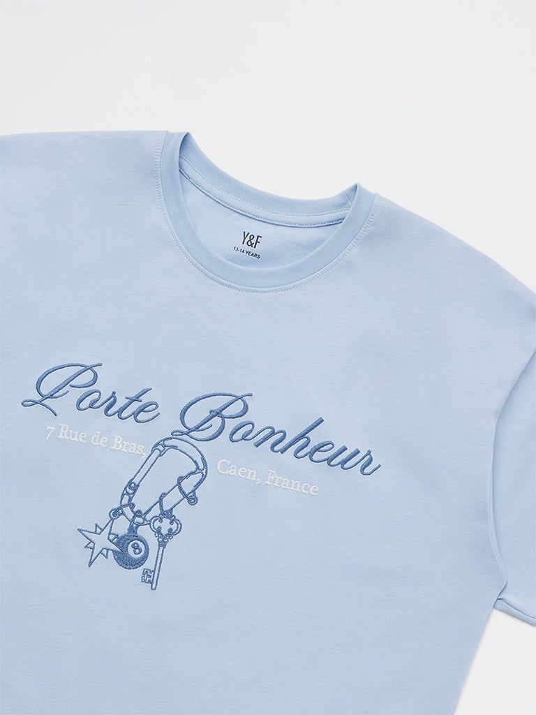 Girls Light Blue Printed Cotton T-Shirt