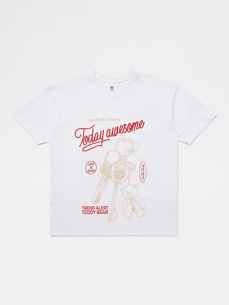 Girls White Graphic Design Cotton T-Shirt