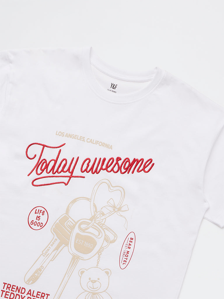 Girls White Graphic Design Cotton T-Shirt