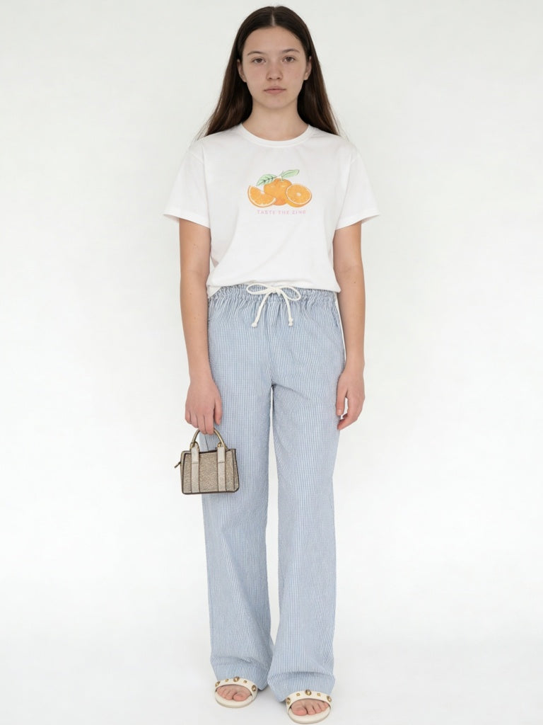 Girls Blue Striped High-Rise Pants