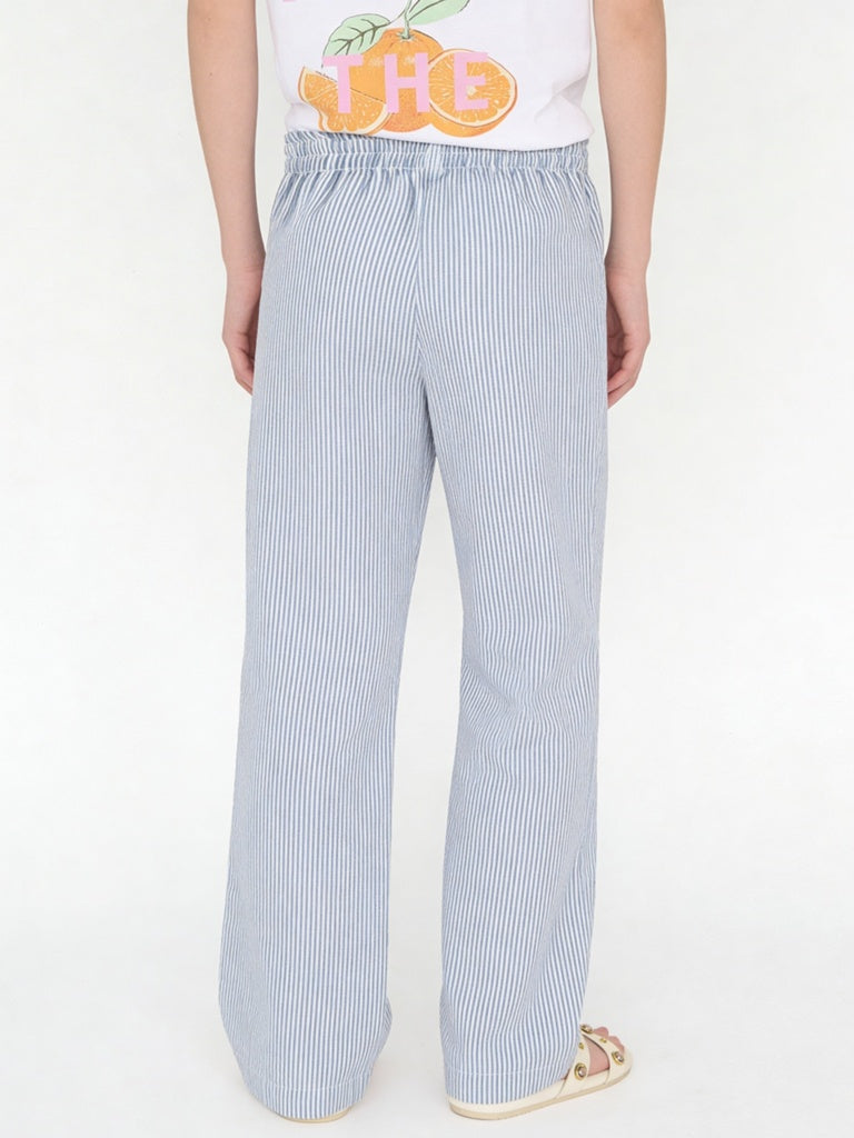 Girls Blue Striped High-Rise Pants