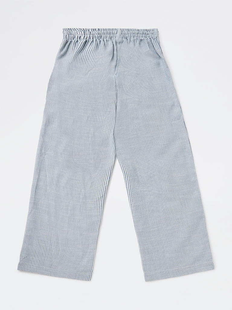 Girls Blue Striped High-Rise Pants