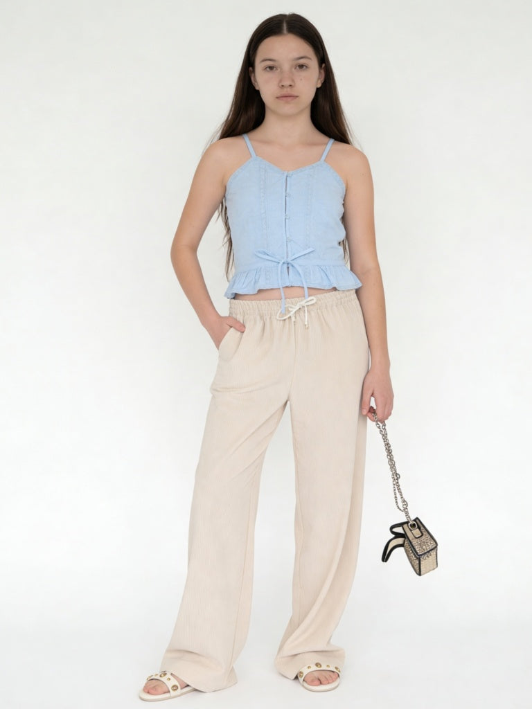 Girls Beige Striped High-Rise Pants