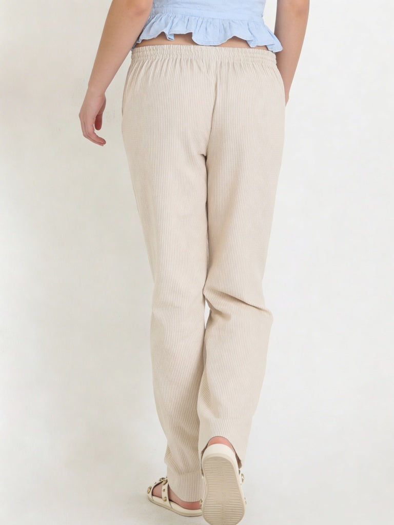 Girls Beige Striped High-Rise Pants