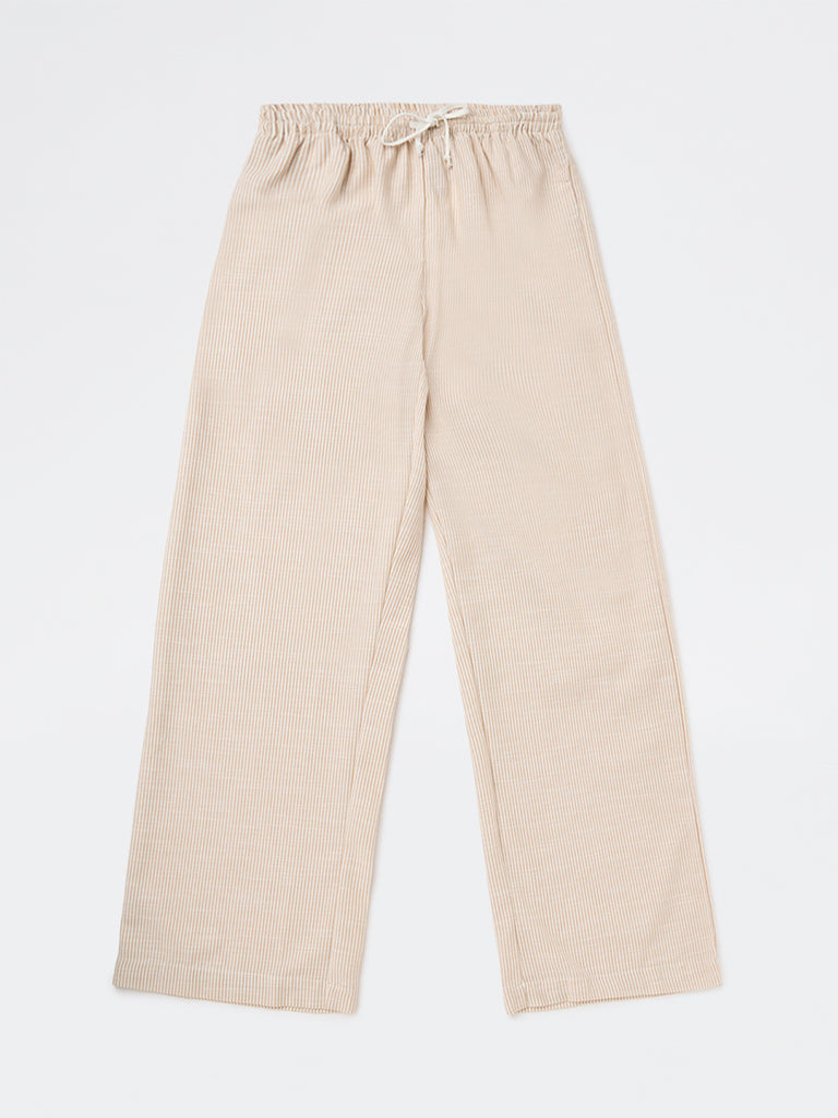 Girls Beige Striped High-Rise Pants