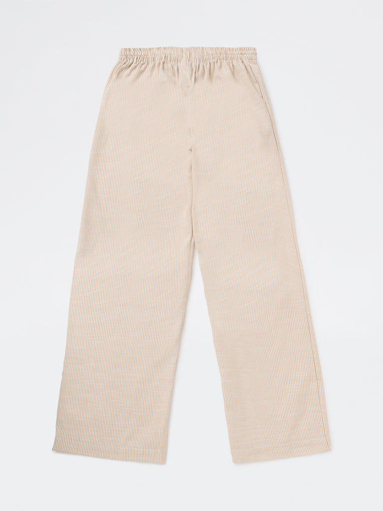 Girls Beige Striped High-Rise Pants