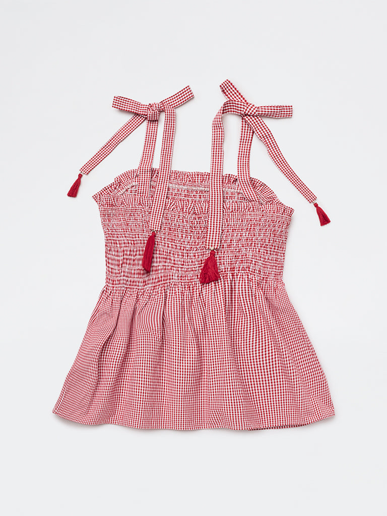 Girls Red Checkered Peplum Top