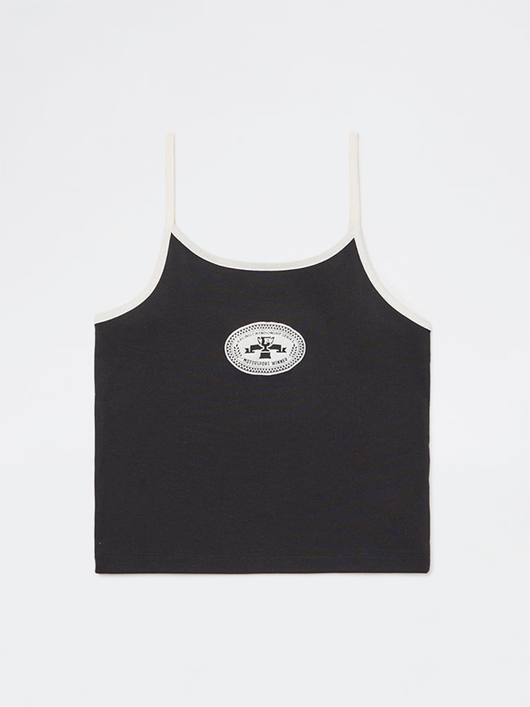 Girls Black Printed Cotton-Blend Spaghetti Top