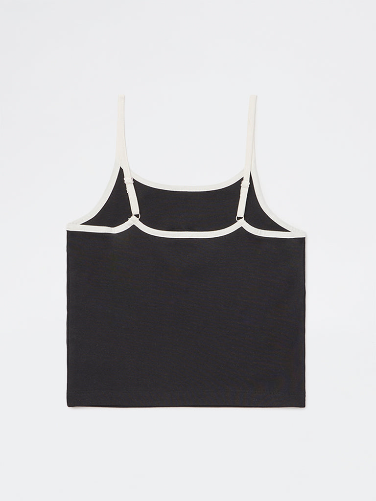 Girls Black Printed Cotton-Blend Spaghetti Top