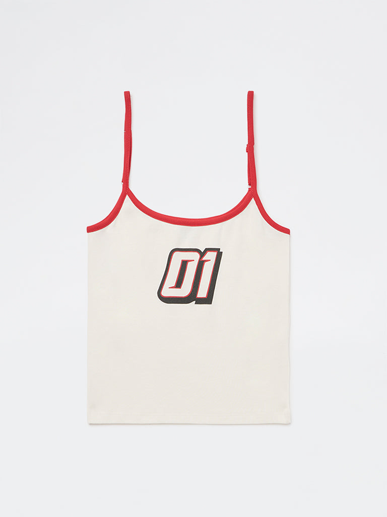 Girls Off-White Printed Cotton-Blend Spaghetti Top