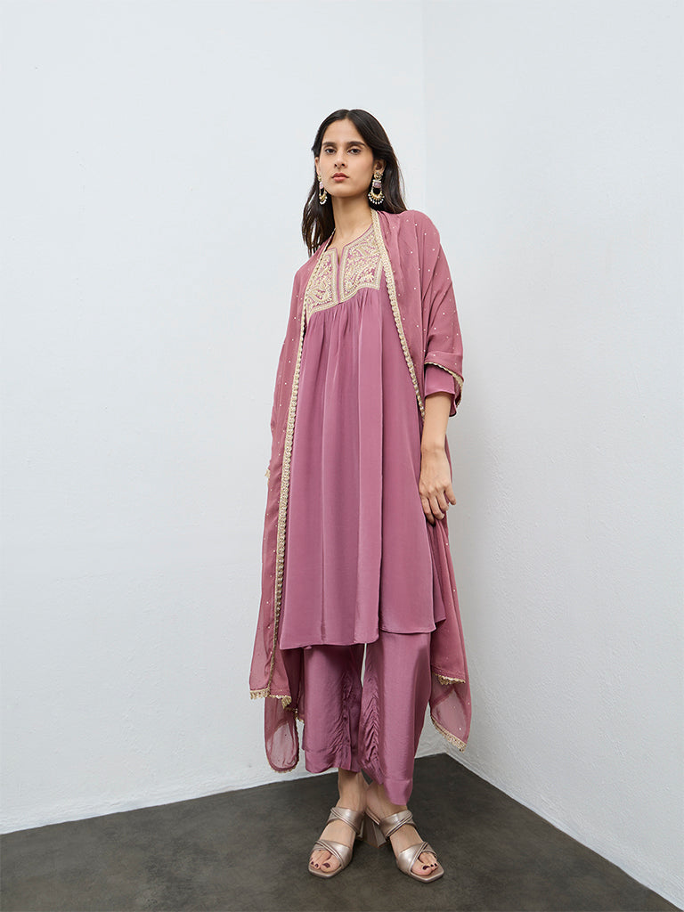 Vark Dusty Pink Embroidered A-Line Ethnic Set