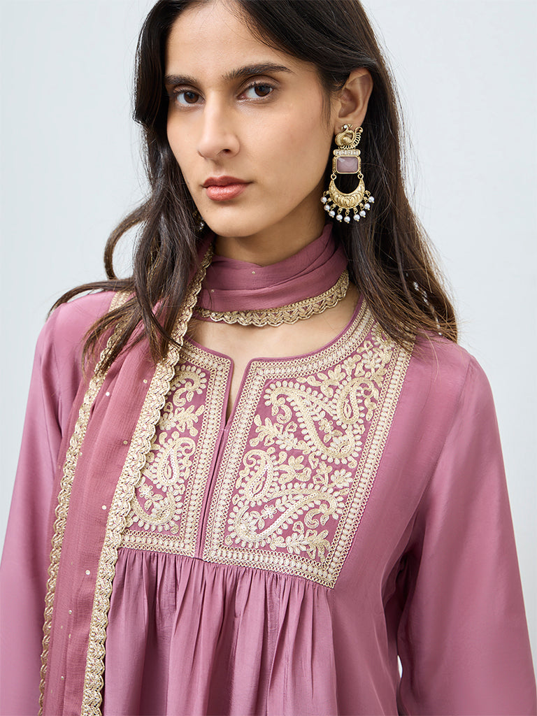 Vark Dusty Pink Embroidered A-Line Ethnic Set