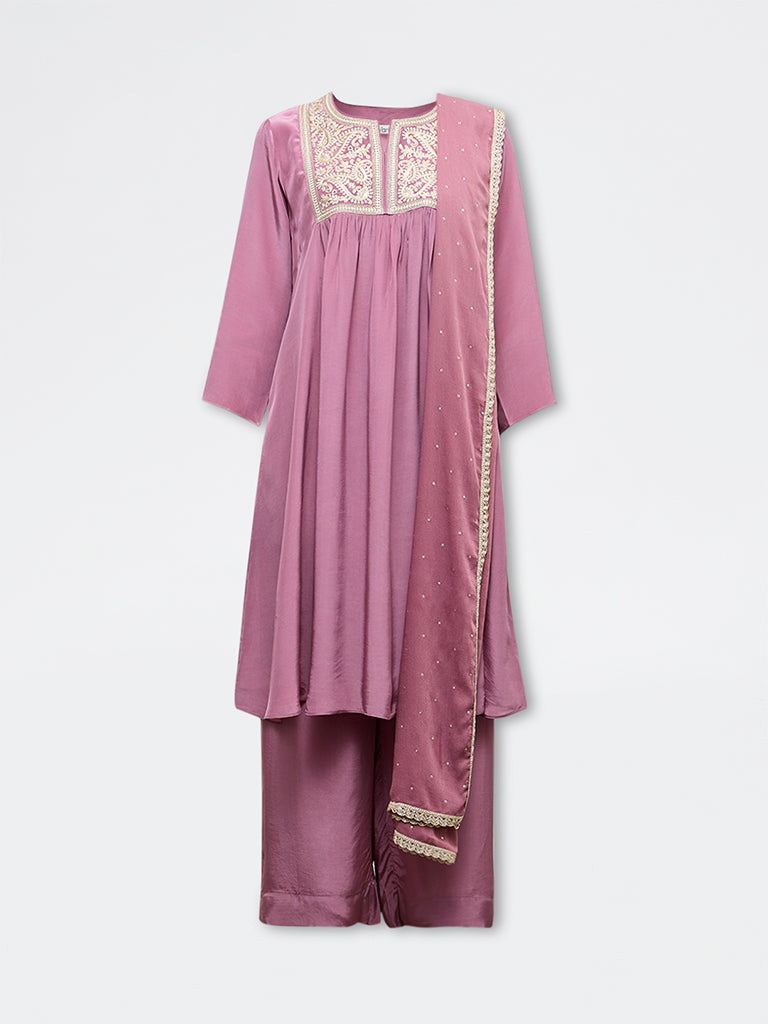 Vark Dusty Pink Embroidered A-Line Ethnic Set