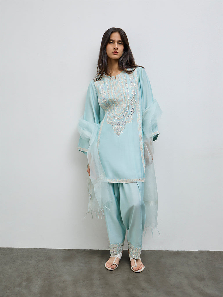 Vark Light Blue Floral Embroidered A-Line Ethnic Set