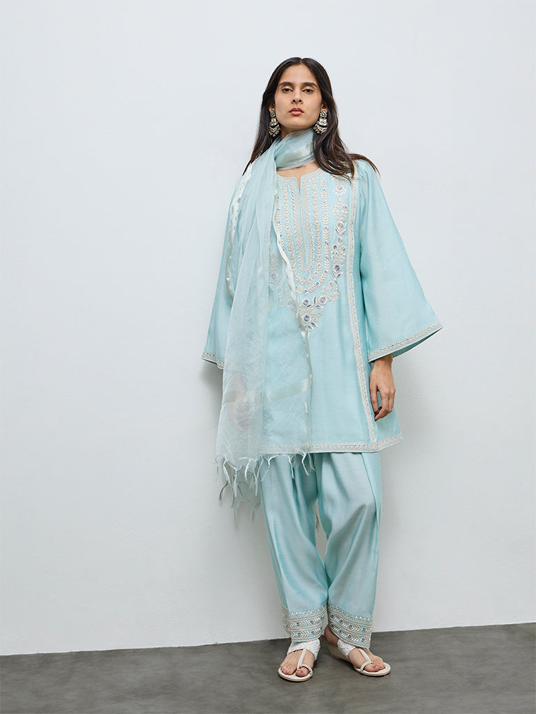 Vark Light Blue Floral Embroidered A-Line Ethnic Set