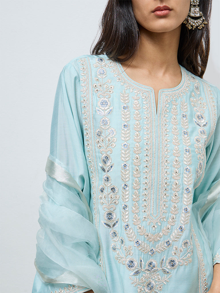 Vark Light Blue Floral Embroidered A-Line Ethnic Set