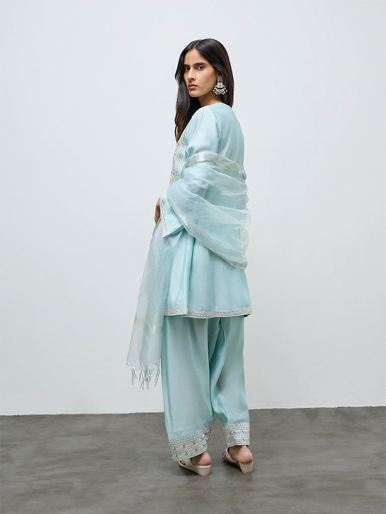 Vark Light Blue Floral Embroidered A-Line Ethnic Set