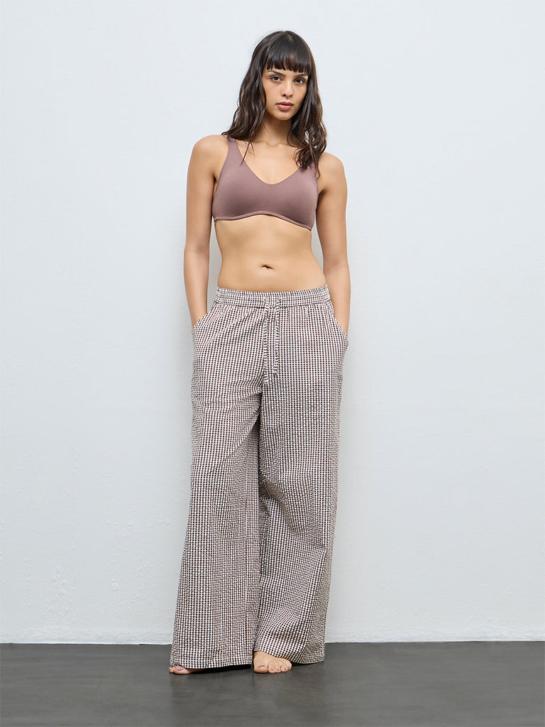 Wunderlove Brown Gingham Printed High-Rise Cotton Pants