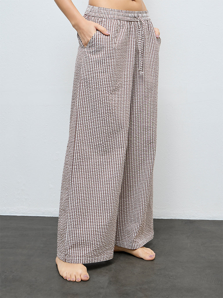 Wunderlove Brown Gingham Printed High-Rise Cotton Pants