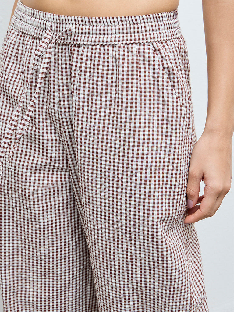 Wunderlove Brown Gingham Printed High-Rise Cotton Pants
