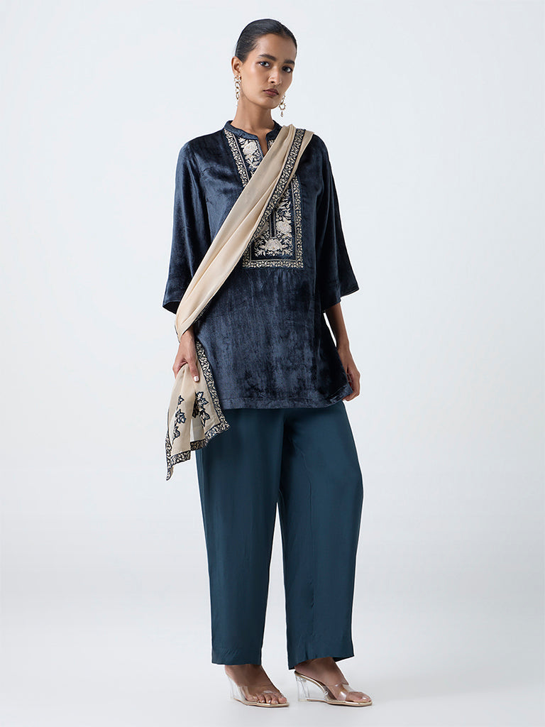 Vark Teal Floral Embroidered Velvet Straight Ethnic Set