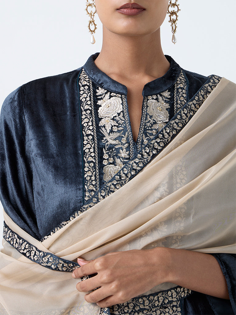 Vark Teal Floral Embroidered Velvet Straight Ethnic Set