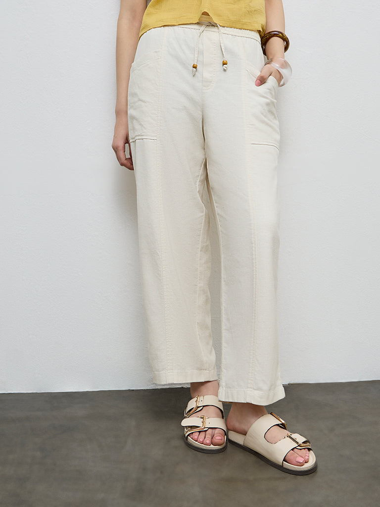 Bombay Paisley Off-White High-Rise Cotton-Blend Pants