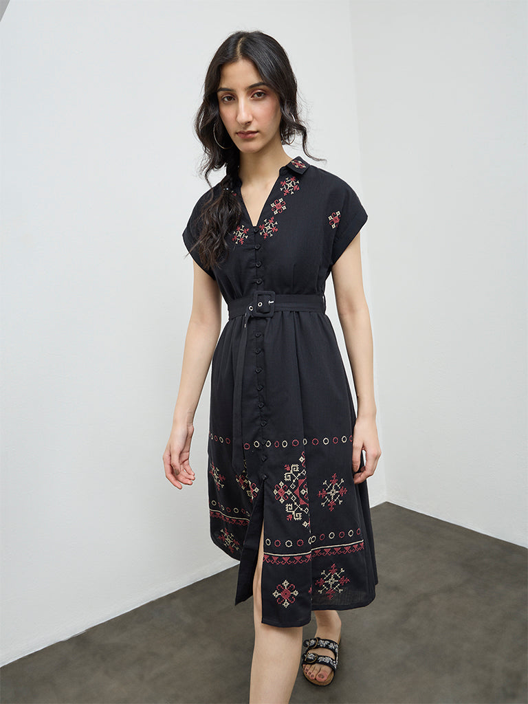 Bombay Paisley Black Embroidered Cotton A-Line Dress with Belt