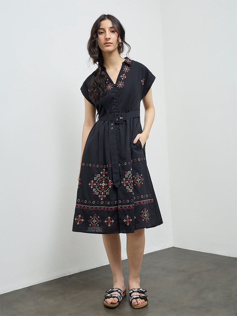 Bombay Paisley Black Embroidered Cotton A-Line Dress with Belt