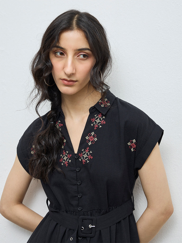 Bombay Paisley Black Embroidered Cotton A-Line Dress with Belt