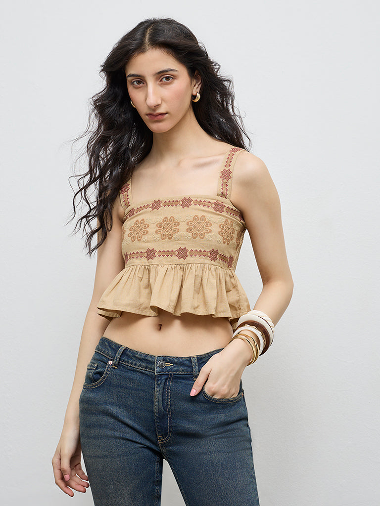 Bombay Paisley Brown Embroidered Cotton-Blend Peplum Top