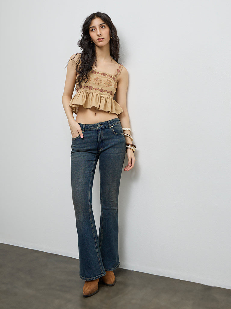Bombay Paisley Brown Embroidered Cotton-Blend Peplum Top