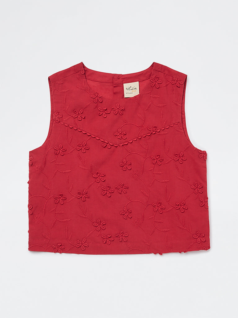 Utsa Kids Girls Red Floral Embroidered Cotton Top - (8-14 yrs)
