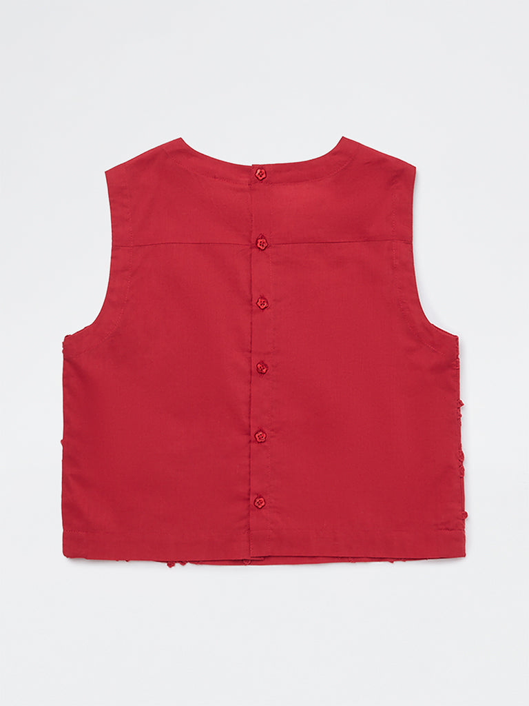 Utsa Kids Girls Red Floral Embroidered Cotton Top - (8-14 yrs)
