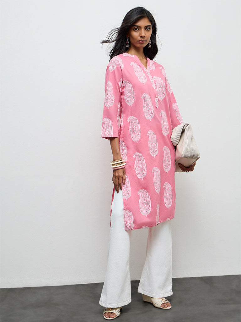 Utsa Pink Paisley Printed Cotton Straight Kurta