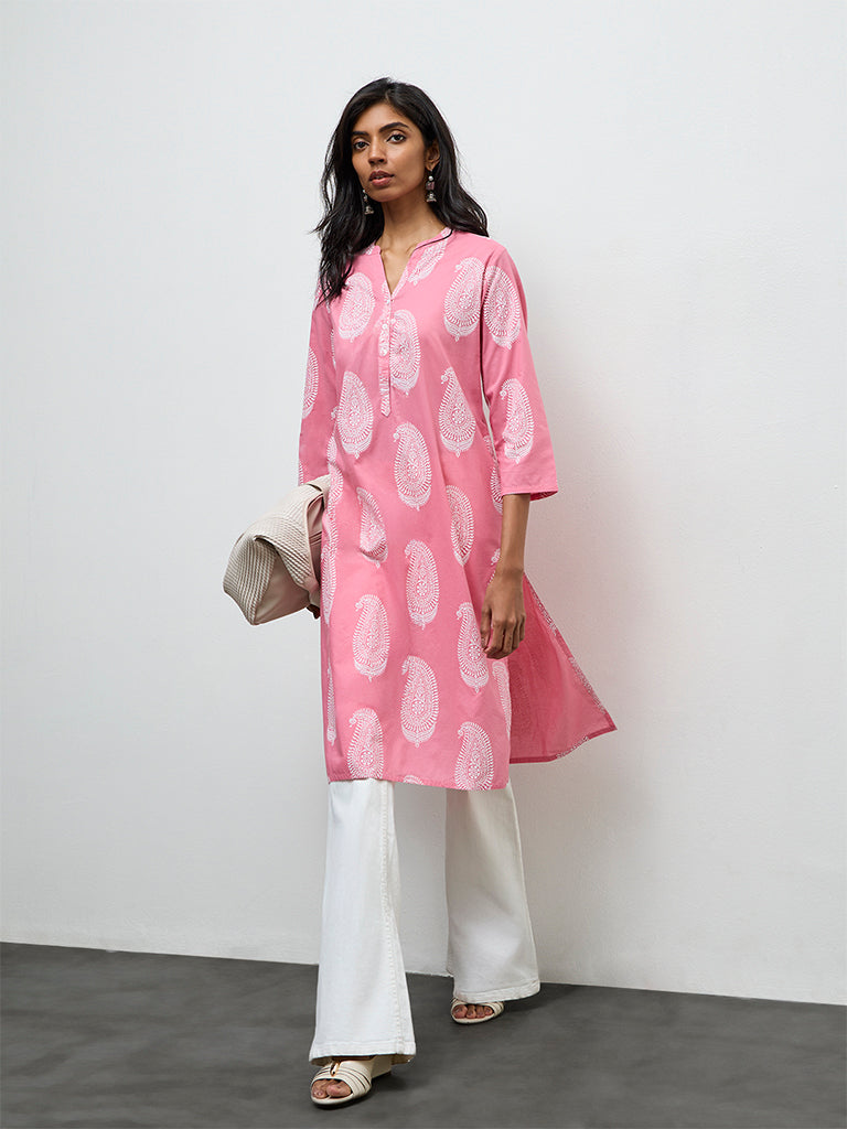 Utsa Pink Paisley Printed Cotton Straight Kurta