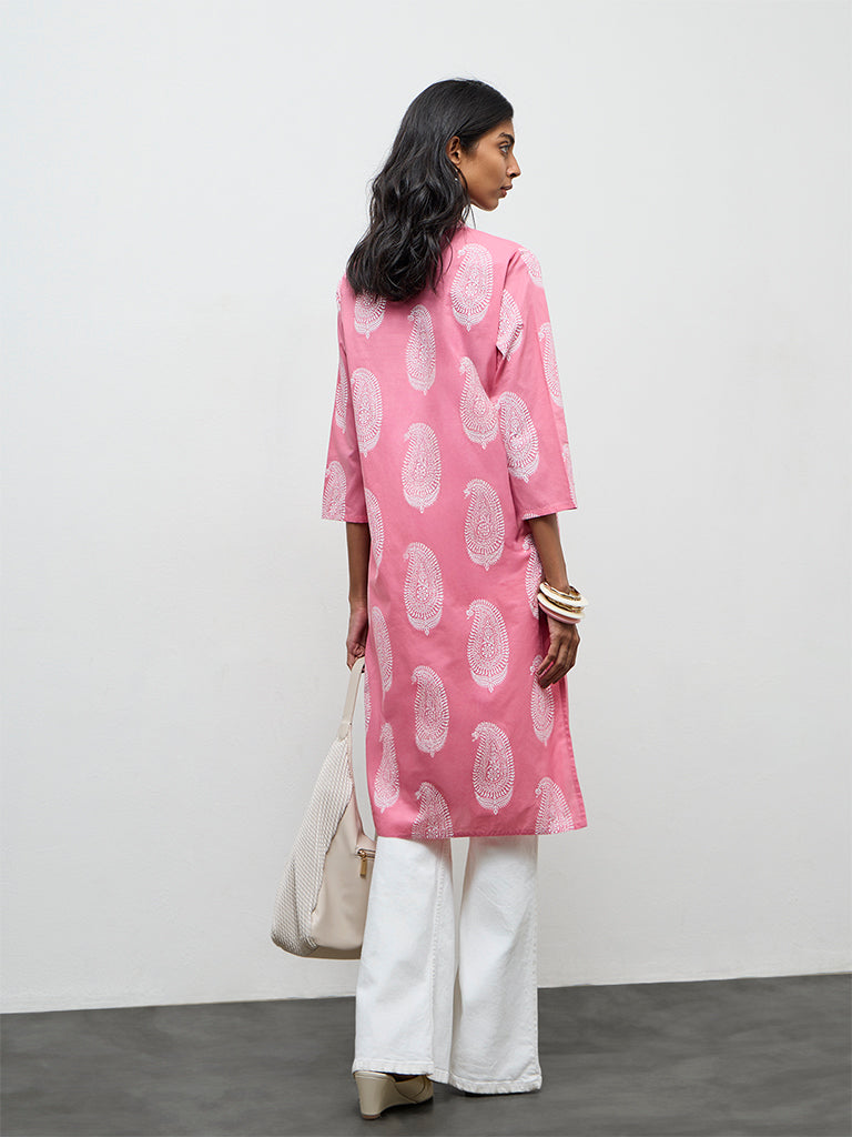 Utsa Pink Paisley Printed Cotton Straight Kurta