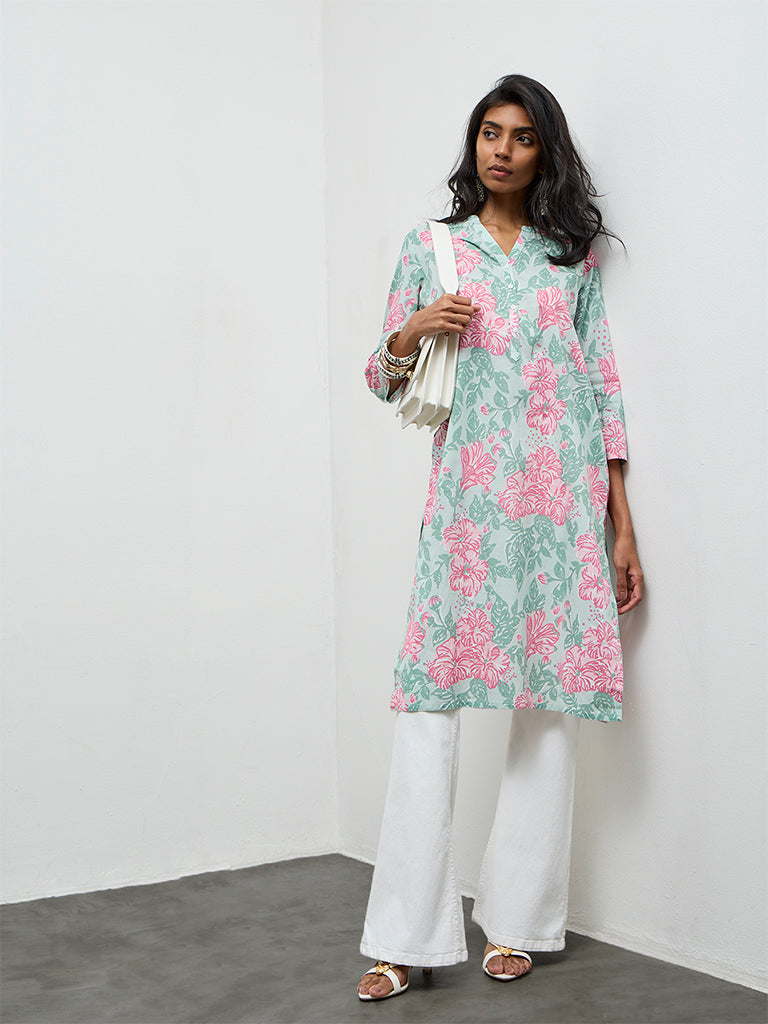 Utsa Mint Floral Printed Cotton Straight Kurta