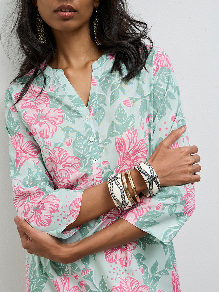 Utsa Mint Floral Printed Cotton Straight Kurta