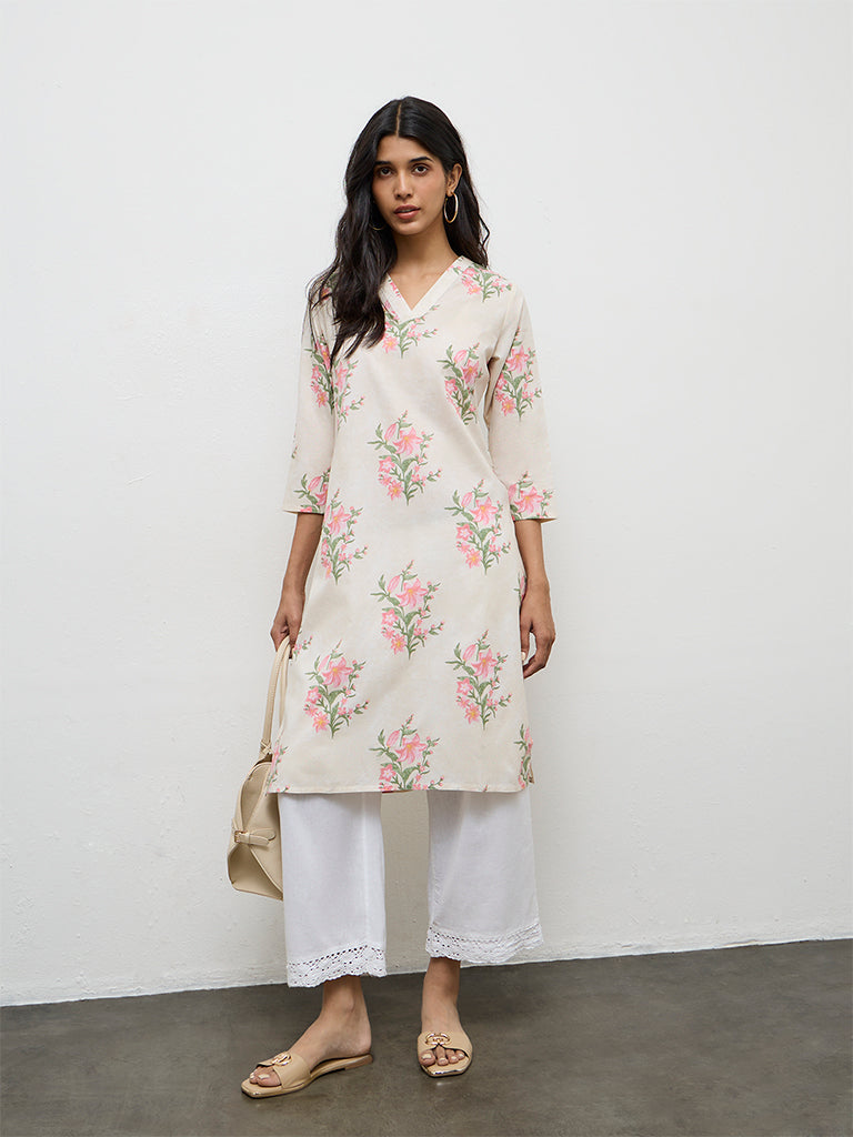 Utsa Pink Floral Printed Cotton Straight Kurta