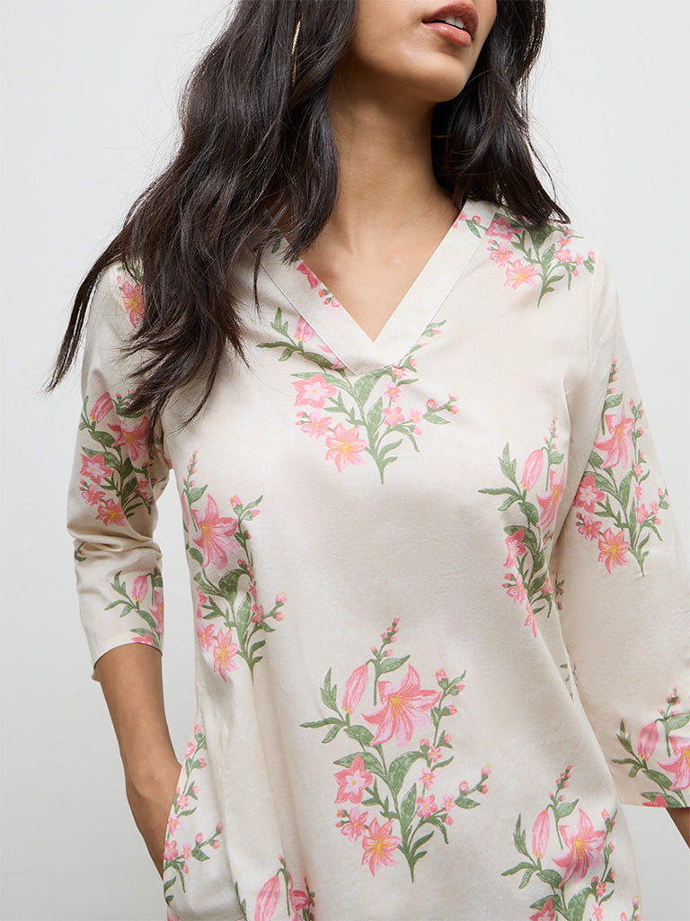 Utsa Pink Floral Printed Cotton Straight Kurta