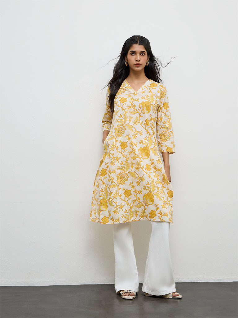 Utsa Yellow Floral Printed Cotton Straight Kurta
