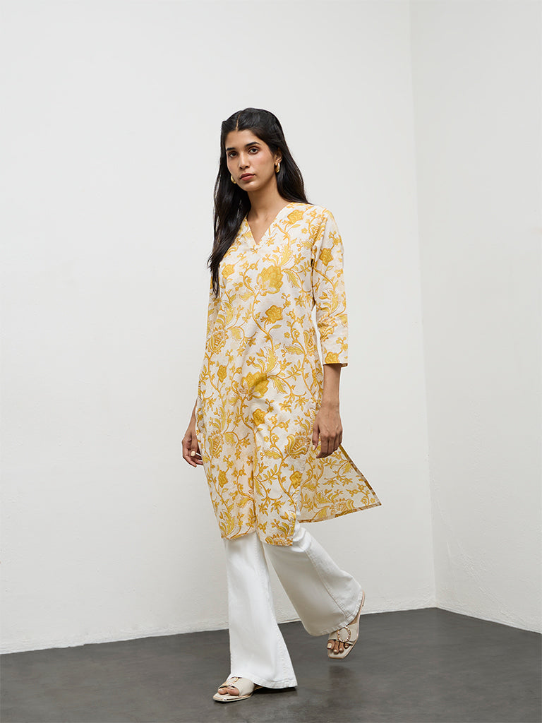 Utsa Yellow Floral Printed Cotton Straight Kurta