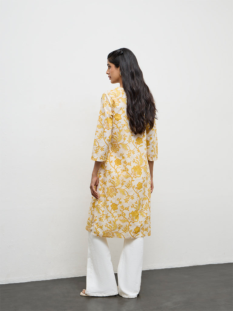 Utsa Yellow Floral Printed Cotton Straight Kurta